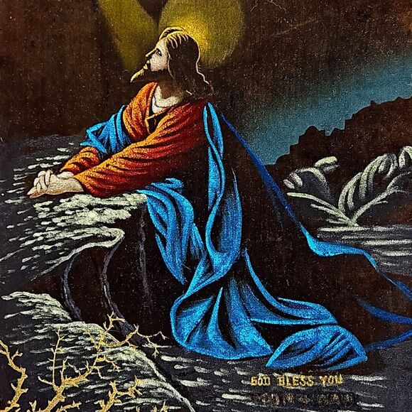 Gorgeous Vintage Hand Painted Velvet Jesus  17.25" x 12.25" - Picture 4 of 12